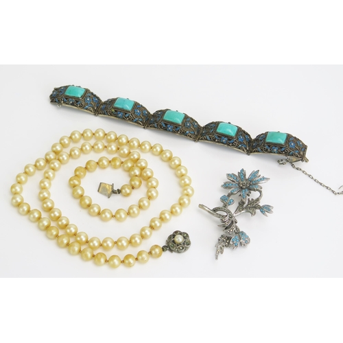 294 - A Chinese Silver Filigree, Turquoise and Enamel Bracelet, untested pearl necklace and foliate spray ... 