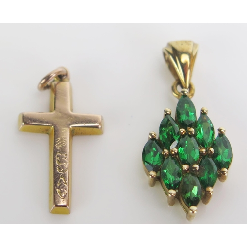 297 - A 9ct Gold and Green Stone Pendant (24mm drop) and a 9ct gold cross pendant, 1.87g