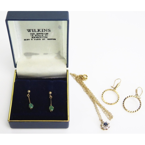 299 - A 9ct Gold and Paste Pendant (hallmarked) on a 9K chain, pair of hallmarked 9ct gold earrings and on... 