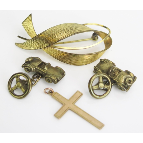 300 - A 9ct Gold Cross Pendant (1.09g), rolled gold pendant and a pair of car cufflinks