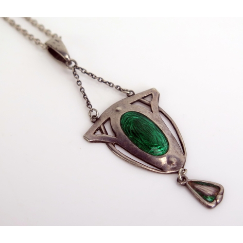 309 - A Charles Horner Silver and Enamel Pendant, 57mm drop, Chester 1912 and on a modern silver chain, 4.... 