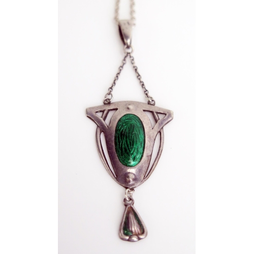 309 - A Charles Horner Silver and Enamel Pendant, 57mm drop, Chester 1912 and on a modern silver chain, 4.... 