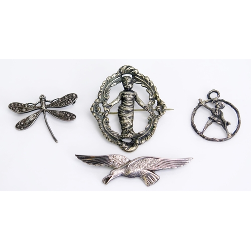 310 - A Silver Seagull Brooch (Birmingham hallmarks), dragonfly brooch and two others