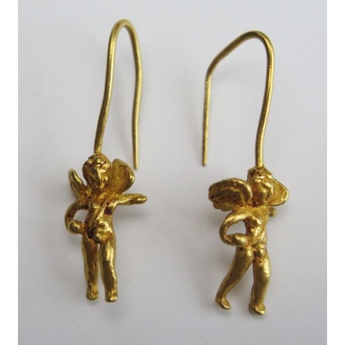 316 - A Pair of Roman? Precious Yellow Metal Putti Earrings, c.29mm drop, KEE tested as 18ct, 3.76g