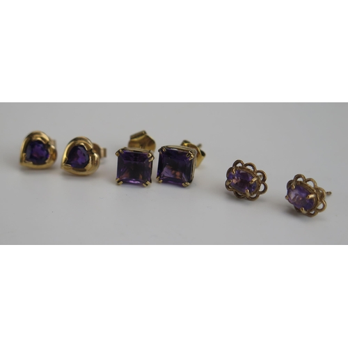 321 - Three Pairs of Amethyst Stud Earrings, one stamped 375, 4.51g