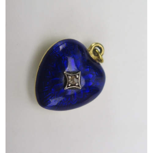 322 - A Victorian Blue Enamel and Rose Cut Diamond Heart Shaped Locket Back Pendant in an unmarked preciou... 