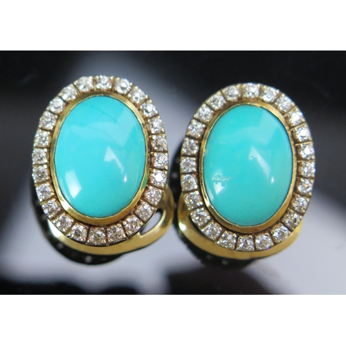 323 - A Pair of 18ct Gold, Turquoise and Diamond Cluster Earrings, stamped 750, 24x19mm head, 24.9g