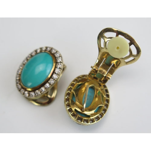 323 - A Pair of 18ct Gold, Turquoise and Diamond Cluster Earrings, stamped 750, 24x19mm head, 24.9g