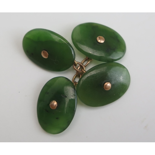 324 - A Pair of Jadeite and Precious Yellow Metal Cufflinks, 5g