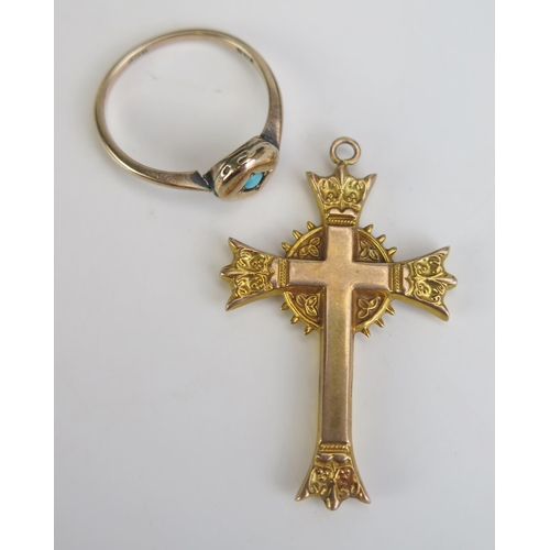 335 - A 9ct Gold Cross Pendant (hallmarked, 38mm drop, 1.21g) and a damaged 9ct gold and turquoise ring (1... 