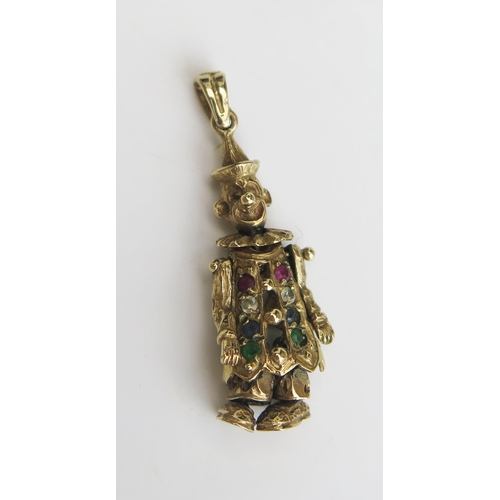 338 - A 9ct Gold and Multi-stone Set Articulated Clown Pendant, hallmarked, 36.5mm drop, 3.64g. returned 1... 