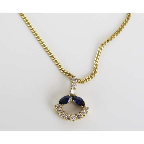 347 - An 18ct Gold, Sapphire and Diamond Pendant (16.5mm drop, 1.41g) on a 9ct gold kerb link chain (18