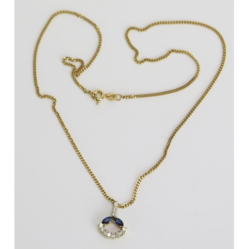 347 - An 18ct Gold, Sapphire and Diamond Pendant (16.5mm drop, 1.41g) on a 9ct gold kerb link chain (18