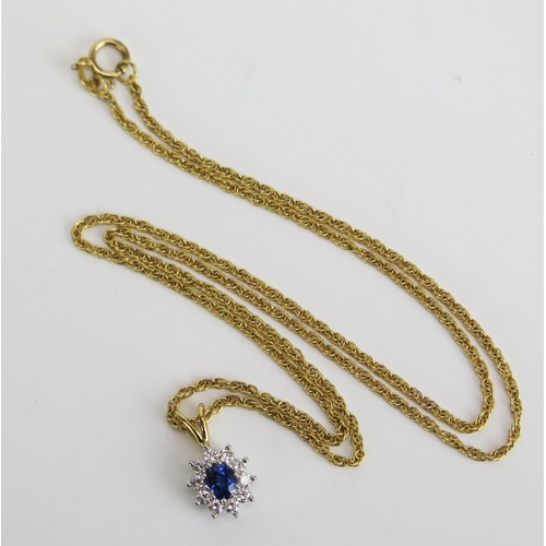 348 - An 18ct Gold, Sapphire and Diamond Pendant (16mm drop, 1.29g) and on a 9ct gold chain (17.5