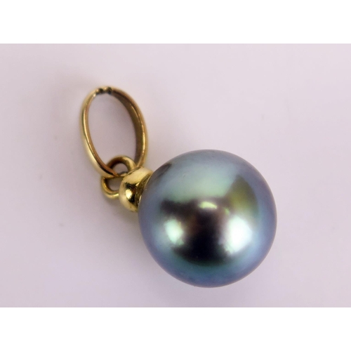 349 - A Cultured Black Pearl Pendant in a yellow metal setting, 9.5mm pearl, 1.54g