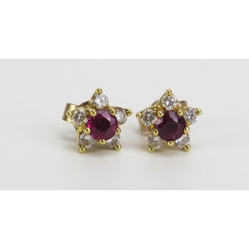 354 - A Pair of 18ct Gold, Ruby and Diamond Cluster Earrings, 7mm diam. hallmarked, 1.34g