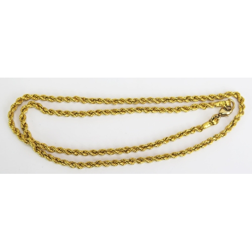 370 - A Middle Eastern Precious Yellow Metal Rope Chain, indistinct mark to crimped fitting and with a 9K ... 