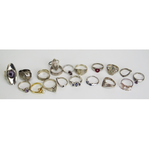 378 - Fifteen Silver Rings (hallmarked or stamped marks, 67.38g) and four white metal including an enamel ... 