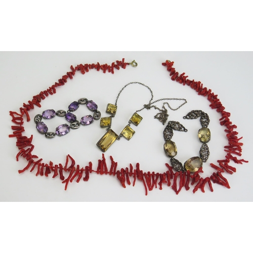 383 - A Silver and Citrine Necklace, citrine bracelet, amethyst bracelet and a stick coral necklace