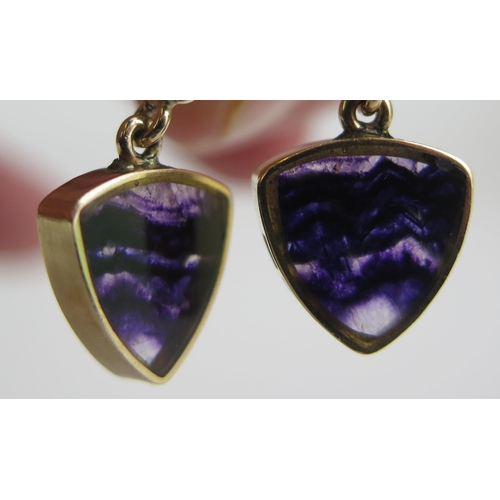 393 - A Pair of 9ct Gold and Blue John Pendant Earrings, 20mm drop, Sheffield 2000, 3.9g