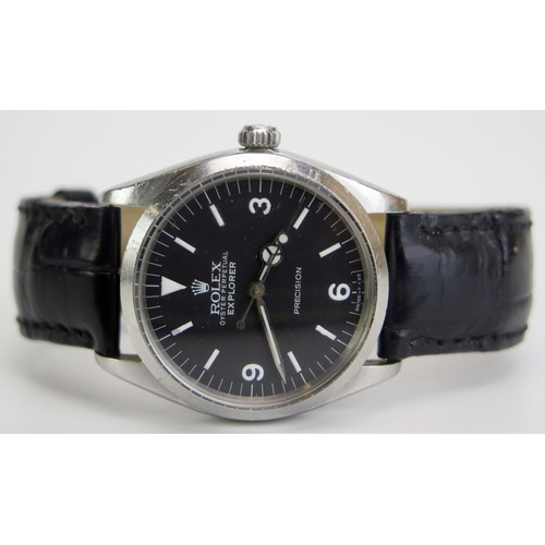 457 - A Gent's ROLEX Steel Cased Oyster Wristwatch, ref: 1002 with black dial signed Explorer (1963), 34.5...
