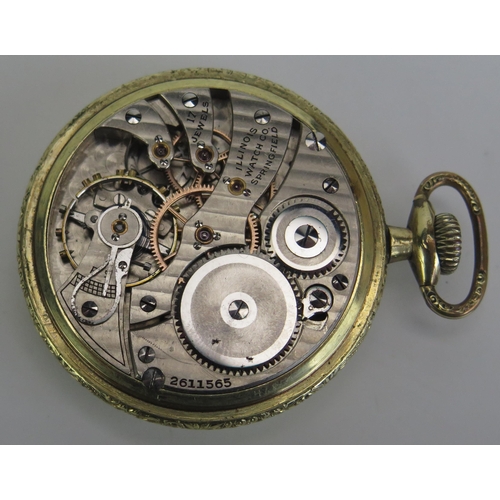 466 - An Illinois Watch Company Gold Plated Open Dial Keyless Pocket Watch, 49mm case, grade 304 model 6 m... 