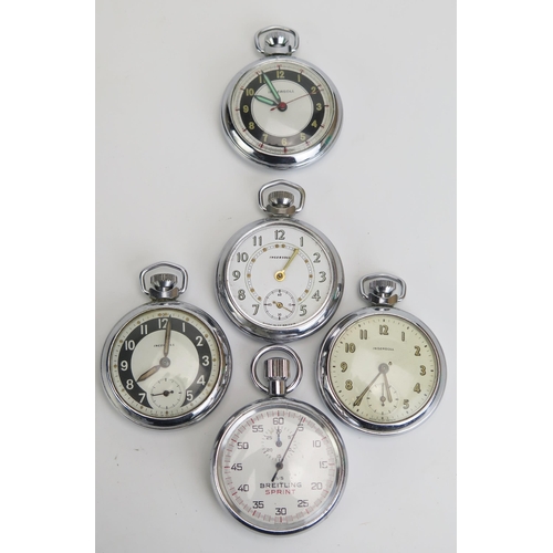 A BREITLING SPRINT Stopwatch caliber 411 movement. Running three Ingersoll pocket watches runnin