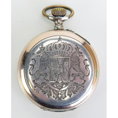 482 - A Brequet Silver and Gilt Open Dial Keyless Pocket Watch with engraved crest to the back, 50mm case.... 