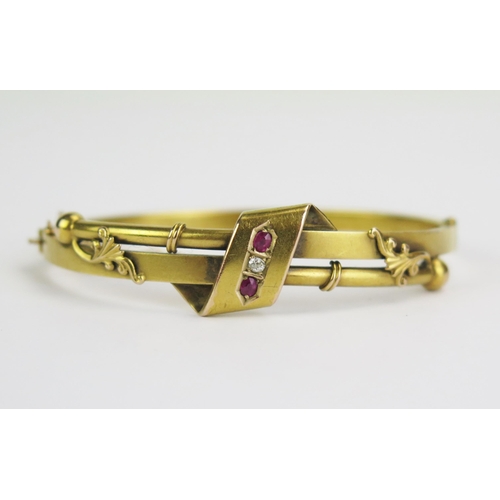 52 - An Antique 15ct Gold, Diamond and Ruby Stone Hinged Bangle, Birmingham 1903, 9g
