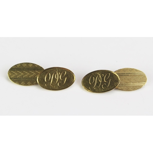 61 - A Pair of 9ct Gold Cufflinks with engine turned decoration, initials DG, hallmarked, 10.92g