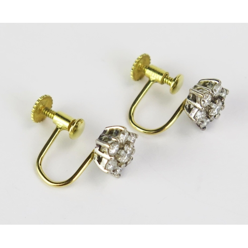 63 - A pair of Diamond Seven Stone Cluster Earrings, unmarked precious yellow and white metal screw back ... 