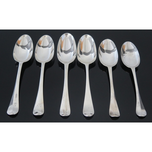 636 - Six assorted Georgian silver Hanoverian pattern tablespoons, most marks worn, initialled, total weig... 