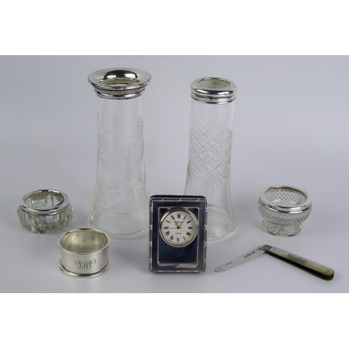 640 - A Mixed collection of silver wares, various makers and dates, includes clear glass and silver mounte... 