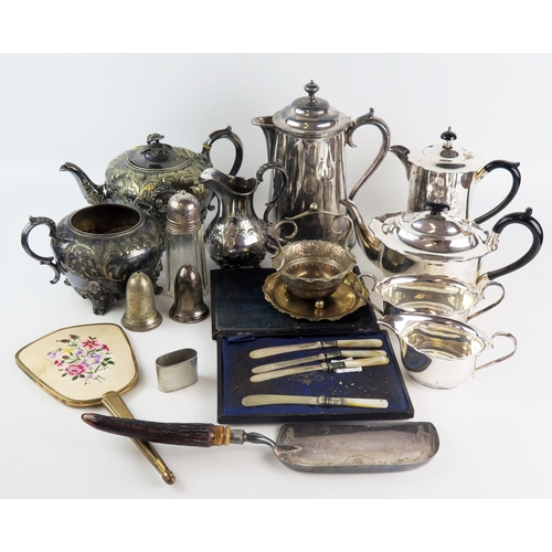 654 - A plated lidded jug by Elkington & Co, a four piece plated teaset, together with other plated wares.