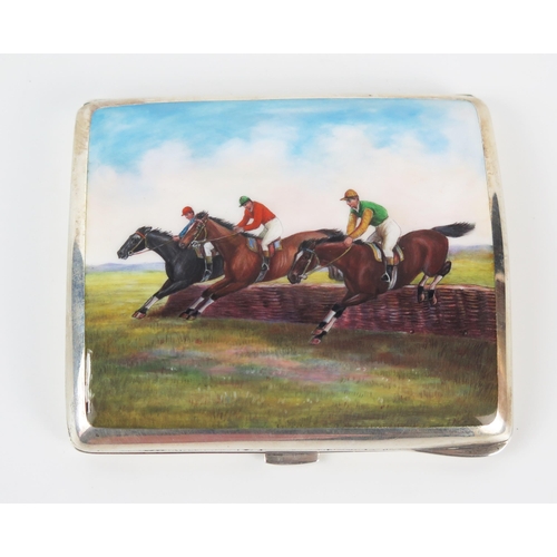 665 - A Continental silver and enamel cigarette case, stamped 900, the hinged lid decorated with hurdle ho... 