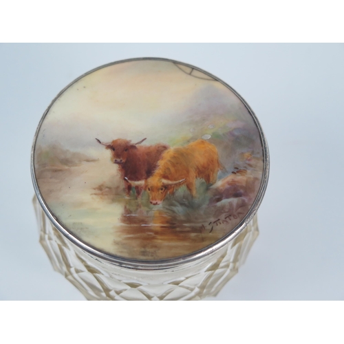 690 - A clear glass and silver mounted dressing table jar, the top decorated with a Stinton painted panel ... 