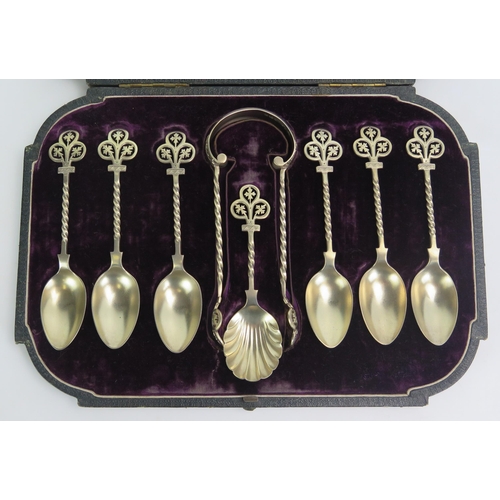 704 - A set of Victorian silver teaspoons and sugar tongs, maker Jehoiada Alsop Rhodes, Sheffield, 1875, t... 