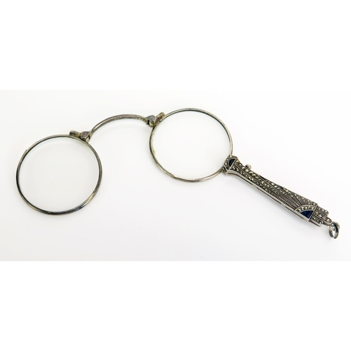 736 - A pair of Art Deco period silver, marcasite and paste set pair of prinz nez, stamped 925, cased.