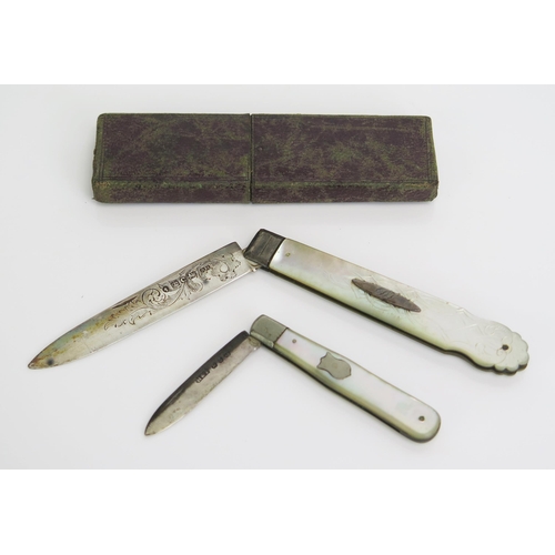 751 - Two silver bladed folding fruit knives, with mother-of-pearl handles,