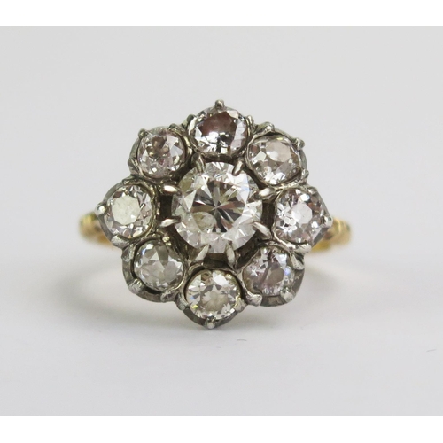76 - An Antique Diamond Cluster Ring, 6mm claw set principal stone with eight c, 3.8mm satellite stones, ...