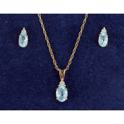 82 - A 9ct Gold, Aquamarine and Diamond Pendant (stamped 9K DIA) on 9ct Gold Chain with matching pair of ... 