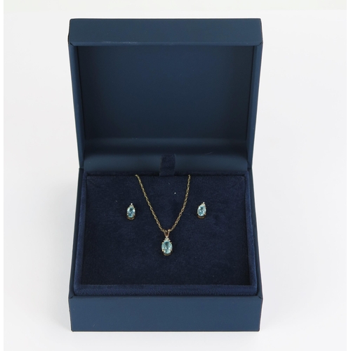 82 - A 9ct Gold, Aquamarine and Diamond Pendant (stamped 9K DIA) on 9ct Gold Chain with matching pair of ... 