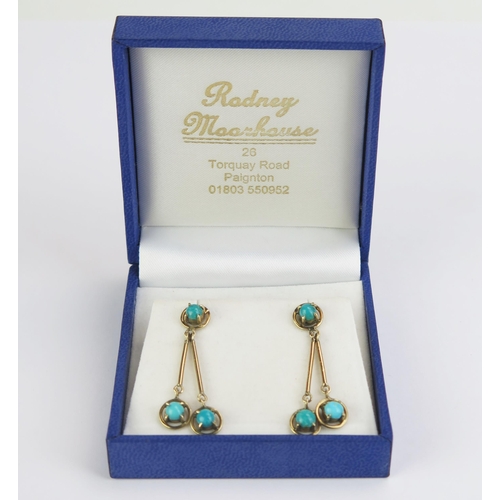 90 - A Pair of 9ct Gold and Turquoise Pendant Earrings, stamped mark to the butterfly, 36mm drop, 4.11g g... 