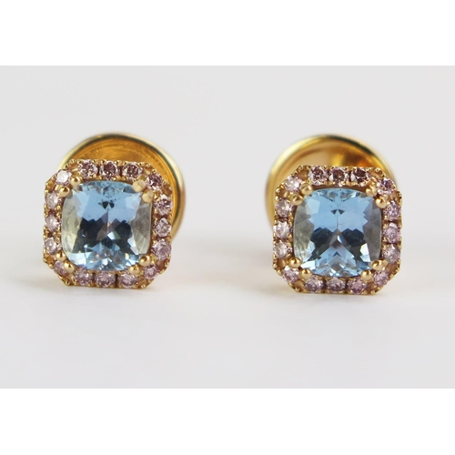 91 - A Pair of William & Son 18ct Gold, Blue Stone & Diamond Stud Earrings, 7.5mm head, hallmarked, 3.22g... 