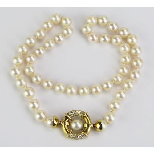 92 - A Thurlwells untested Pearl Necklace with diamond set precious yellow metal clasp (KEE tested as 18c... 