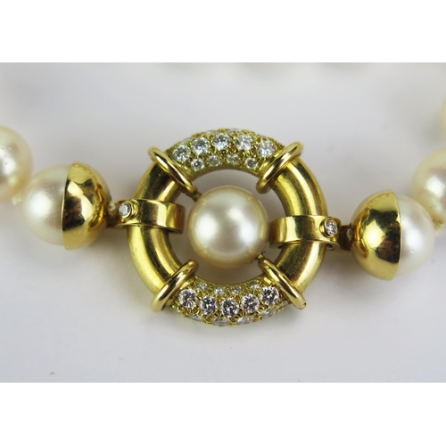 92 - A Thurlwells untested Pearl Necklace with diamond set precious yellow metal clasp (KEE tested as 18c... 