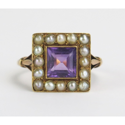 96 - An 18ct Gold, Amethyst and untested Pearl Ring, 7mm millegrain set principal stone, stamped 18CT, si... 