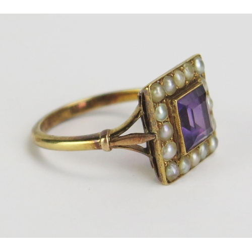 96 - An 18ct Gold, Amethyst and untested Pearl Ring, 7mm millegrain set principal stone, stamped 18CT, si... 