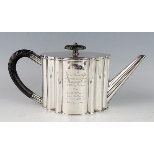 519 - A Victorian silver bachelors oval teapot, maker Hukin & Heath, London, 1888, inscribed, of lobed for... 