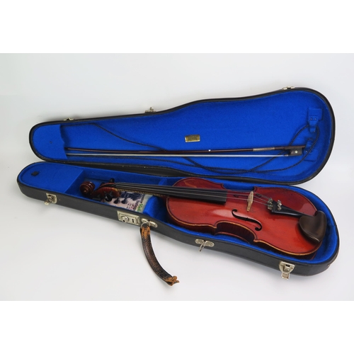 1318A - An early 20th century violin, the two piece back of medium flame, the varnish of a mid brown colour,... 